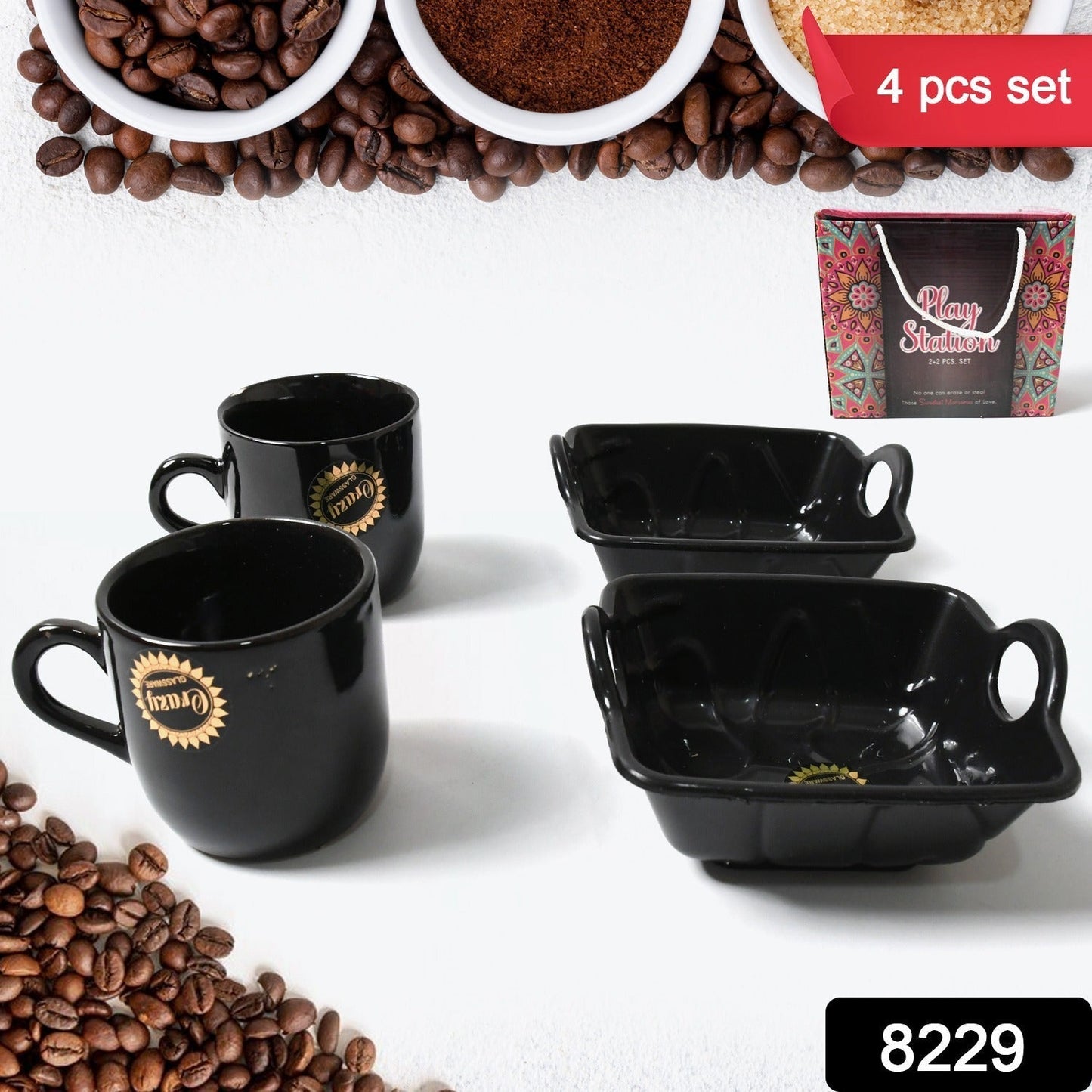 Play Station Ceramic Tea / cups / Mug Set With Handle Serving Bowl Milk Cup, Coffee Cup, Tea Cup, Breakfast Cup, Drinking Mug or Outdoor for Household, Gift for Birthday, Wedding Party (4 Pcs set) Your Brand