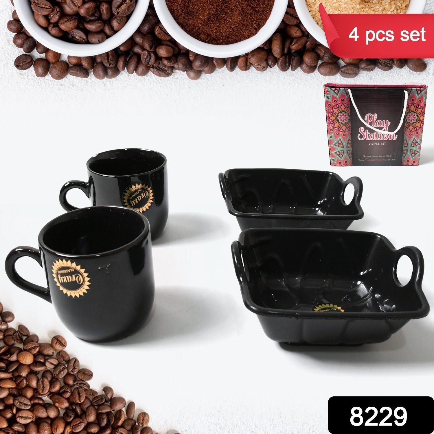 Play Station Ceramic Tea / cups / Mug Set With Handle Serving Bowl Milk Cup, Coffee Cup, Tea Cup, Breakfast Cup, Drinking Mug or Outdoor for Household, Gift for Birthday, Wedding Party (4 Pcs set) Your Brand