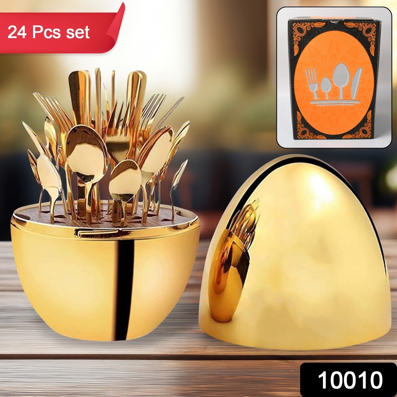 Premium Cutlery Set 24 Pcs with Oval Shaped Stand | Beautiful Stylish Oval Designed Cutlery Sets, Egg-Shaped Luxury Spoon Holder Set  (Golden / 24 pcs set) Your Brand