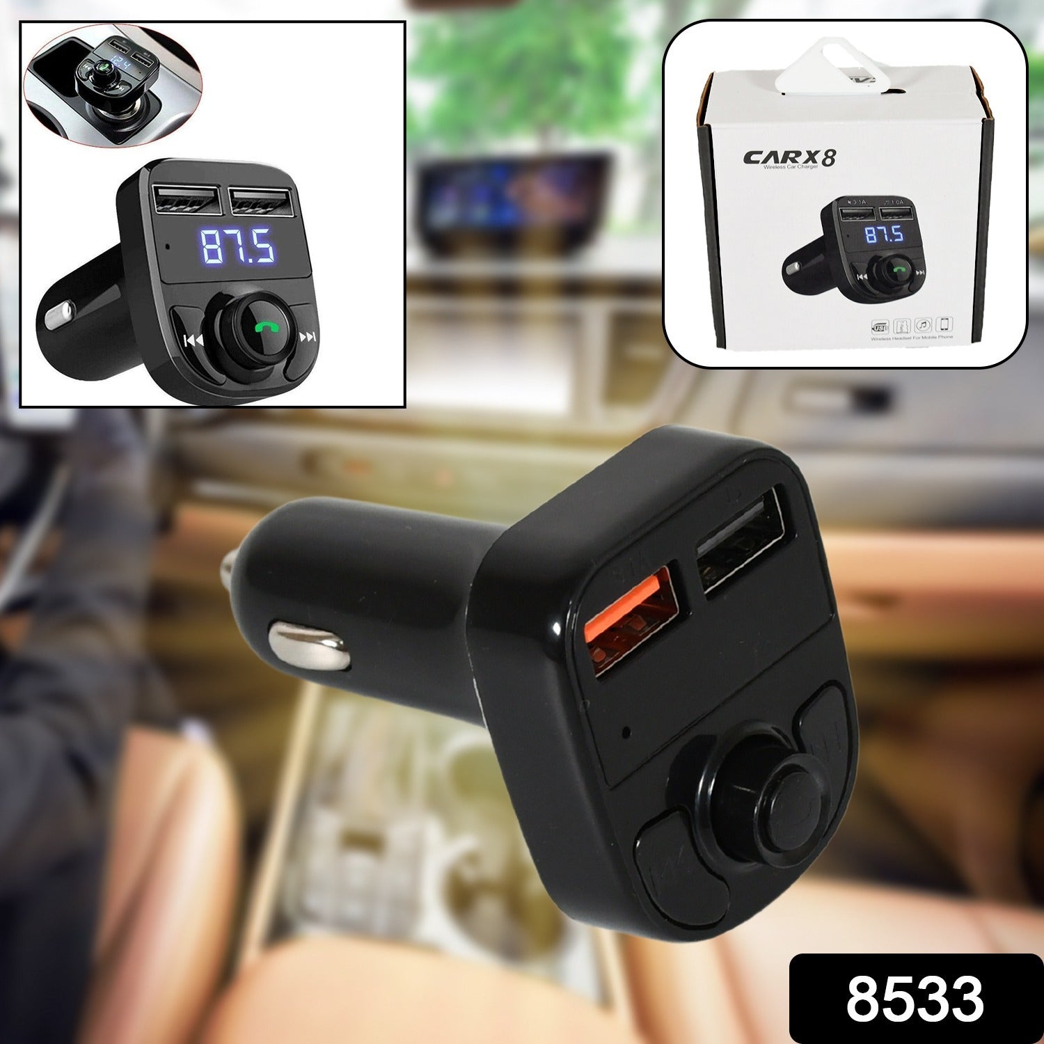 CAR-X8 Bluetooth FM Transmitter Kit for Hands-Free Call Receiver / Music Player / Call Receiver / Fast Mobile Charger Ports for All Smartphones with 3.1A Quick Charge Dual USB Car Charger Your Brand