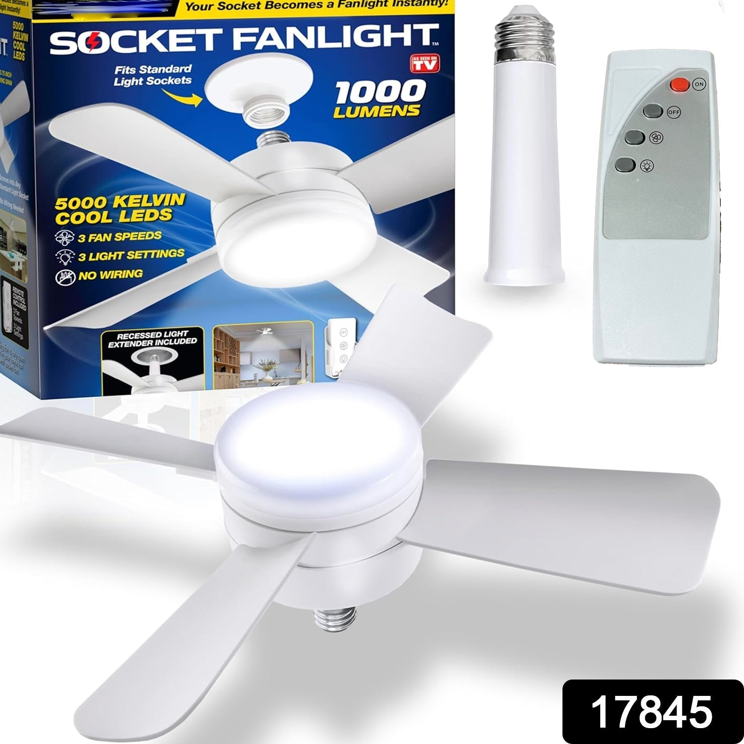 Socket Fan Light Original - Cool Light LED – Ceiling Fans with Lights and Remote Control, Replacement for Lightbulb - Bedroom, Kitchen, Living Room,1000 Lumens / 5000 Kelvins Cool LEDs (Remote Battery Not Included) Your Brand