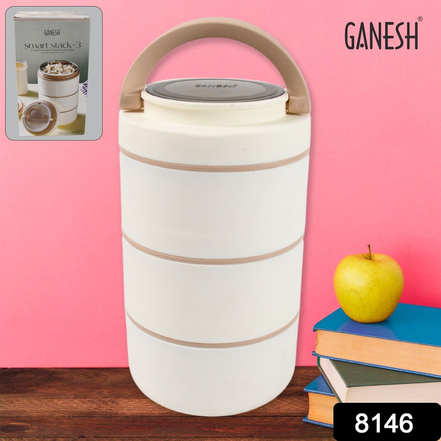 Ganesh Smart Stack 3 Layer Portable Lunch Box Stainless Steel Airtight Leak-Proof Lunch Box for Office, School, Picnic: Color May Vary (3 Layer) Your Brand