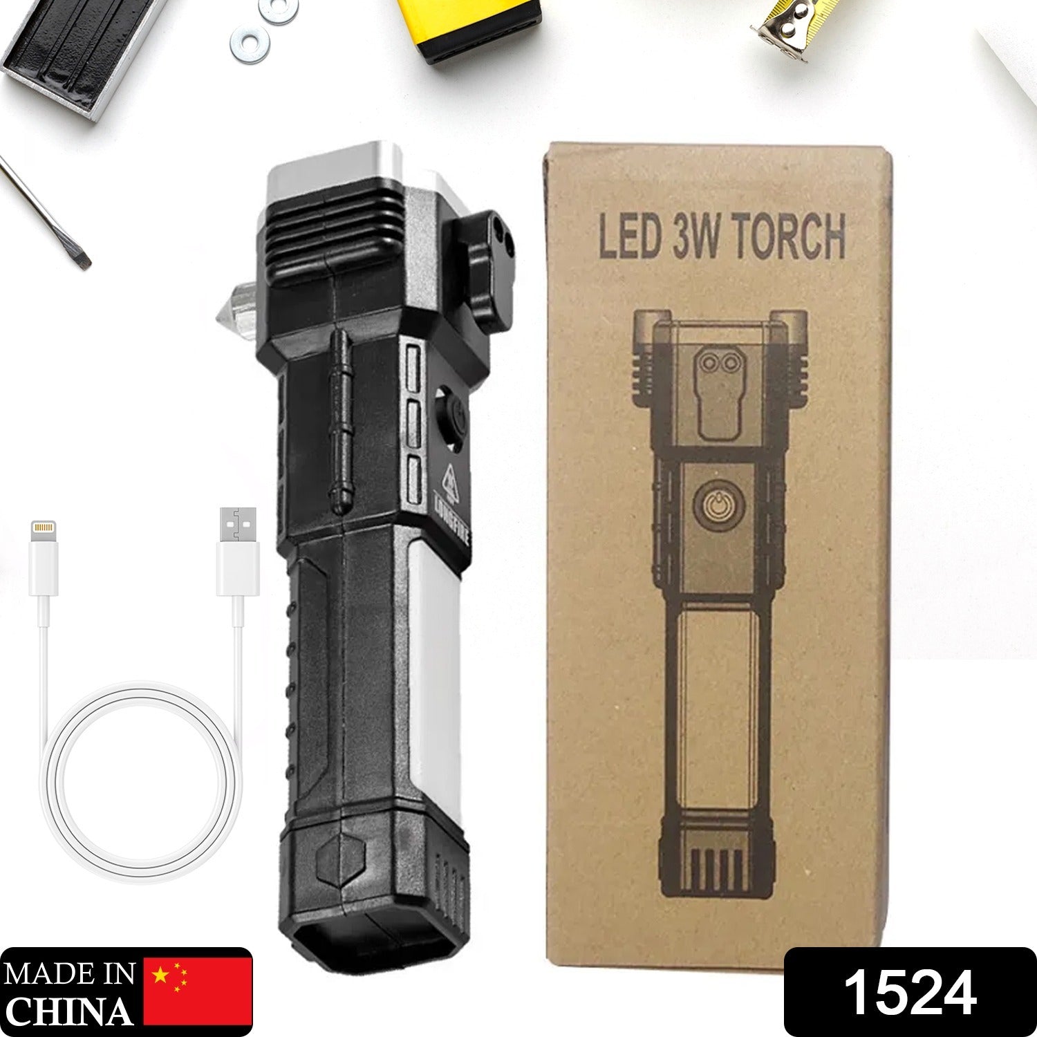 Portable 3w Rechargeable Torch LED Flashlight Long Distance Beam Range, Hammer and Strong Magnets, Window Glass and Seat Belt Cutter 4 Modes for Car Camping Hiking Indoor Outdoor Your Brand