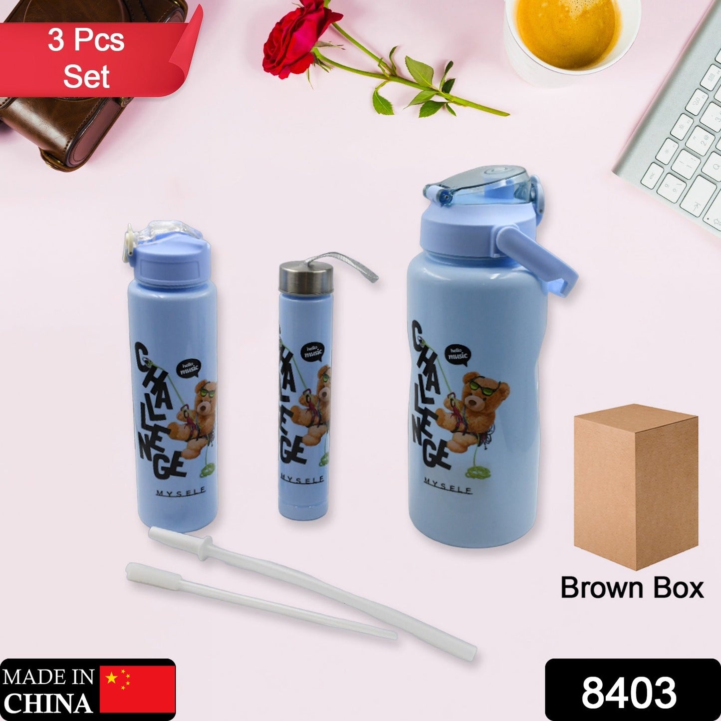 Plastic Water Bottle 3pc Set,3  Different Size Bottle High Quality Water Bottle Plastic Water Bottle BPA-Free & Leak-Proof!  Cartoon Printed Design for Kids' School, For Fridge, Office, Sports, School, Gym, Yoga (3 Pc Set) Your Brand