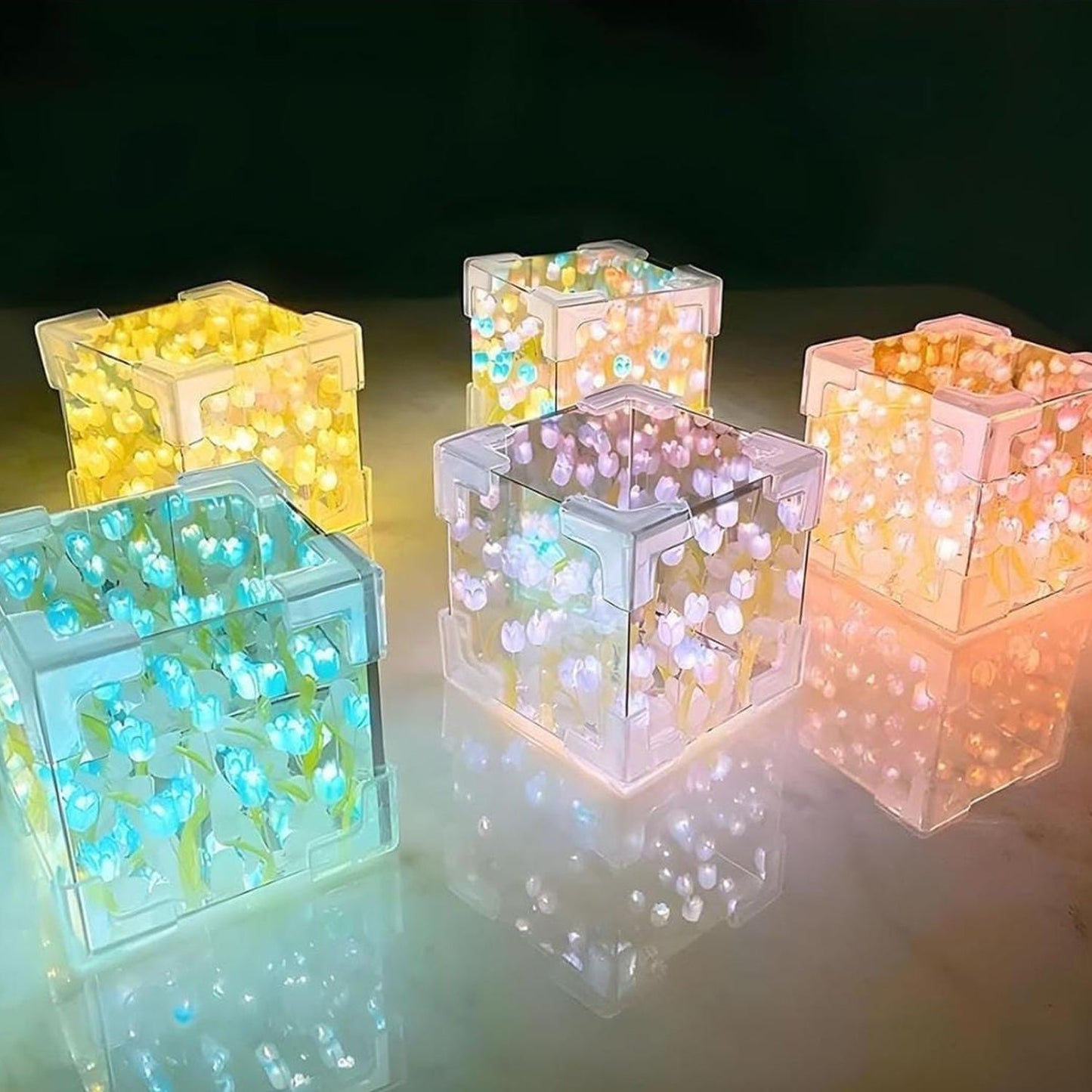 Cube Tulip Night Lamp | Led Decorative Nights Lamp (Multicolor & Design / 1 Set) Your Brand
