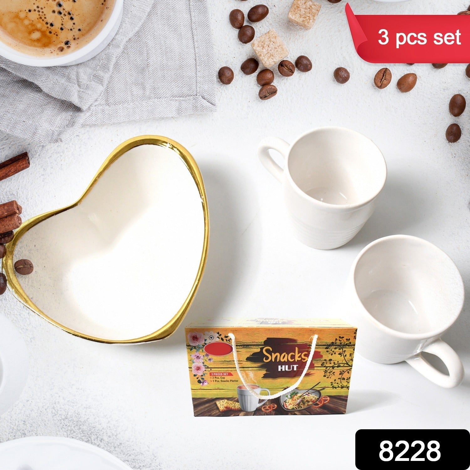 Snacks Hut Ceramic Tea / Cups Set With Heart Shape Plastic Serving Platter, Milk Cup / Mug, Coffee Cup, Tea Cup BPA Free Food Grade, or Outdoor for Household Gift For Birthday (3 Pcs Set) Your Brand