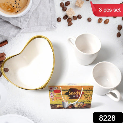 Snacks Hut Ceramic Tea / Cups Set With Heart Shape Plastic Serving Platter, Milk Cup / Mug, Coffee Cup, Tea Cup BPA Free Food Grade, or Outdoor for Household Gift For Birthday (3 Pcs Set) Your Brand