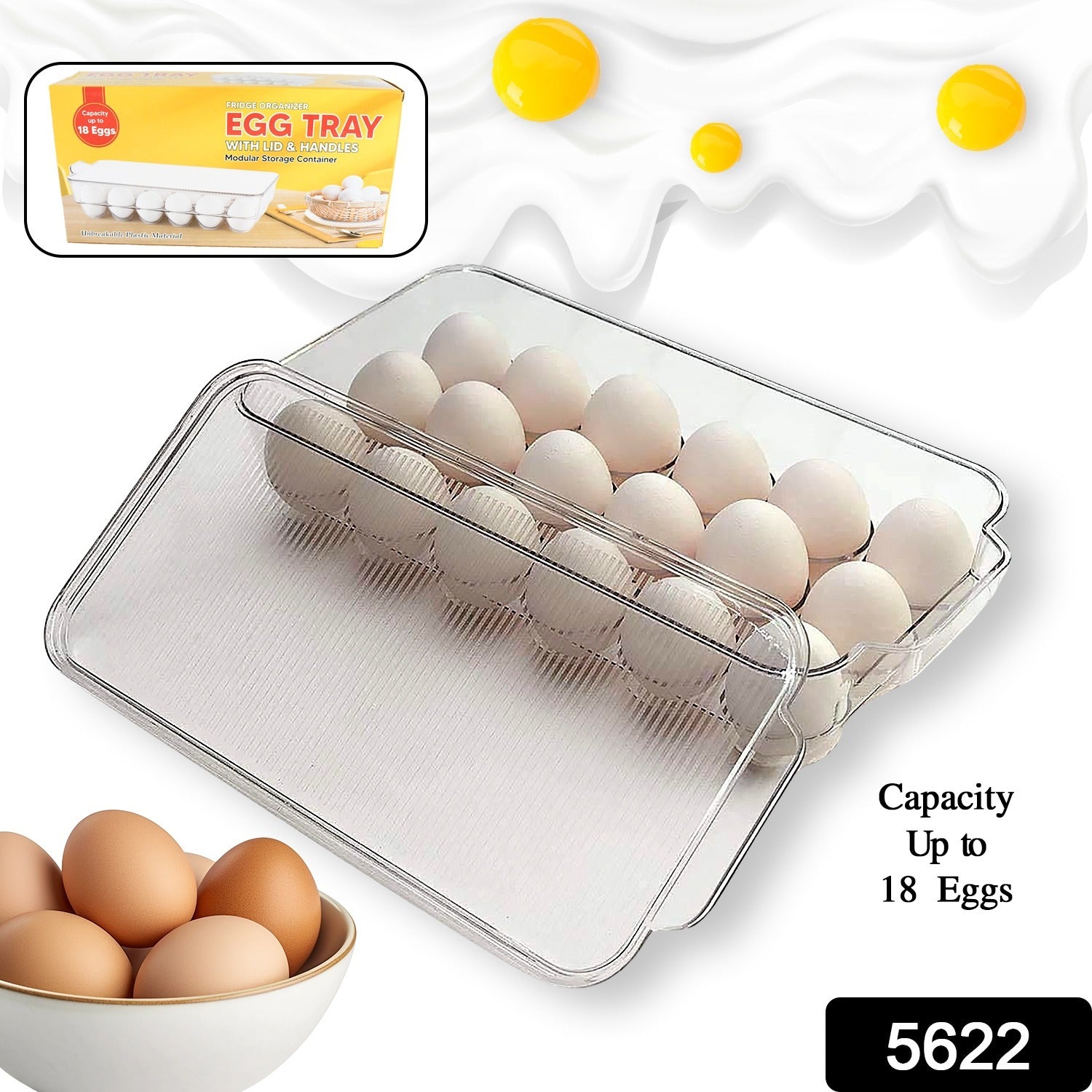 Plastic 18 Cavity Egg Storage Box Or Egg Trays For Refrigerator With Lid & Handles High Quality, Rectangular Egg Tray Box For 18 Egg (1 Pc) Your Brand