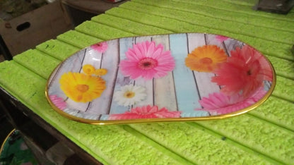 Medium Plastic Flower Printed Design Serving Tray (1 Pc / 31 x 21 CM / Mix Color) Your Brand
