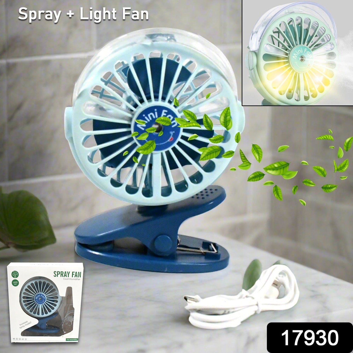 Portable Clip-on Fan, Battery Operated, With Light & Spray, Small Yet Powerful USB Table Fan, 3-Speed Quiet Rechargeable Mini Desk Fan, 360° Rotation, Personal Cooling Fan for Home, Office, Camping Your Brand