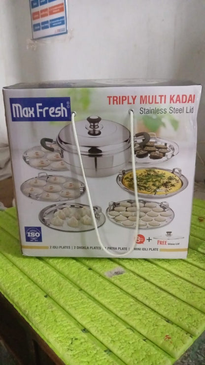 Stainless Steel Triply Multi Kadai idli, dhokla, Patra,  Mini idli plates, kadai with Lid  (8 Pcs Set / Free Glass Transparent Lid) Your Brand