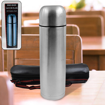Vacuum Flask With Cover, 18/8 Stainless Steel | Hot and Cold Water Bottle with Push-Down Lid | Double Walled Stainless Steel Bottle for Travel, Home, Office, School, Picnic ( Approx 500 ML / With Cover) Your Brand