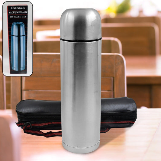 Vacuum Flask With Cover, 18/8 Stainless Steel | Hot and Cold Water Bottle with Push-Down Lid | Double Walled Stainless Steel Bottle for Travel, Home, Office, School, Picnic ( Approx 500 ML / With Cover) Your Brand