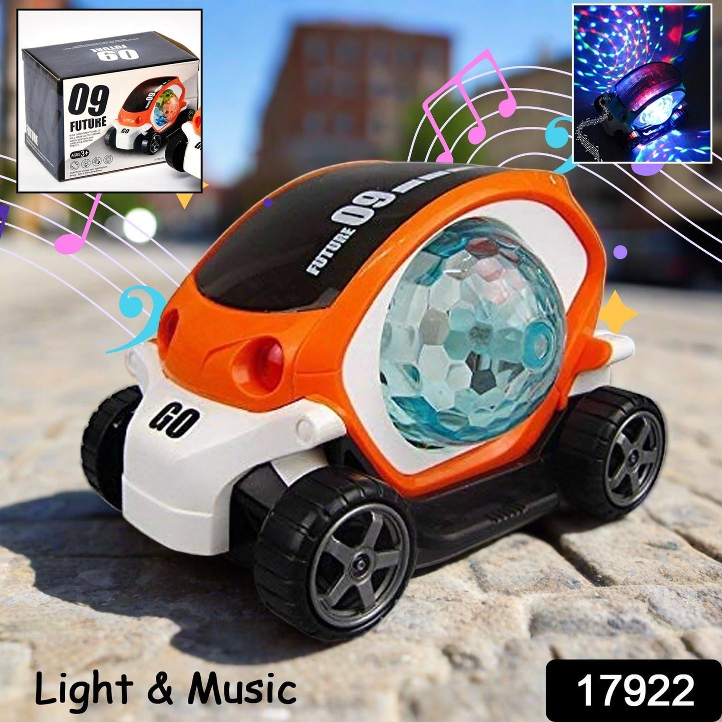 Plastic 360 Degree Rotating Stunt Car Toy for Kids - Bump and Go Action with 4D Lights and Music, Plastic Mini Car with Disco Ball (1 Pc / Battery Not Included) Your Brand