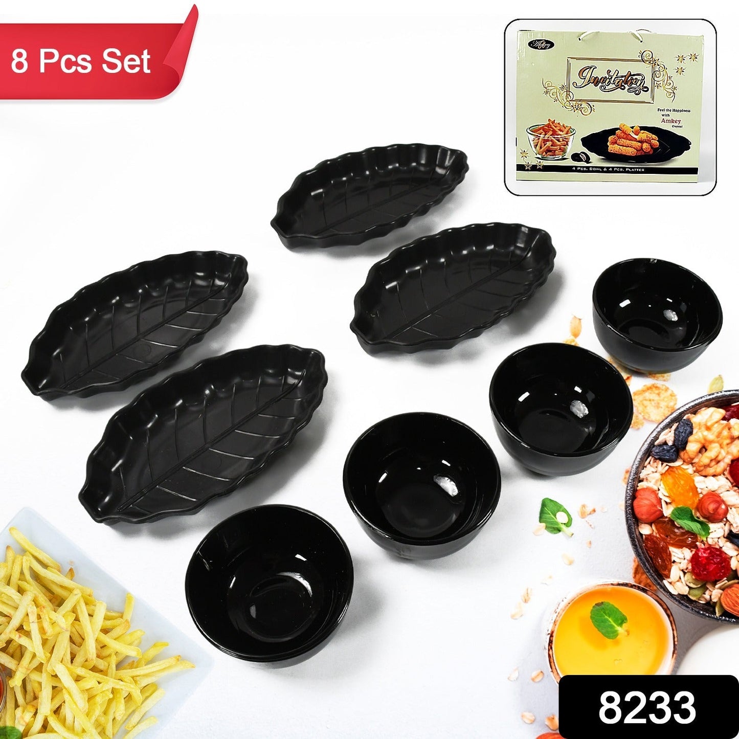 Invitation Round Ceramic Snacks Bowl With Plastic Leaf shape Serving platter Portable, Lightweight Breakfast, Serving Bowl | Ideal for Rice, Pasta, Desserts Home & Kitchen Serving Bowl & platter (8 Pcs set) Your Brand