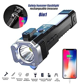 Portable 3w Rechargeable Torch LED Flashlight Long Distance Beam Range, Hammer and Strong Magnets, Window Glass and Seat Belt Cutter 4 Modes for Car Camping Hiking Indoor Outdoor Your Brand