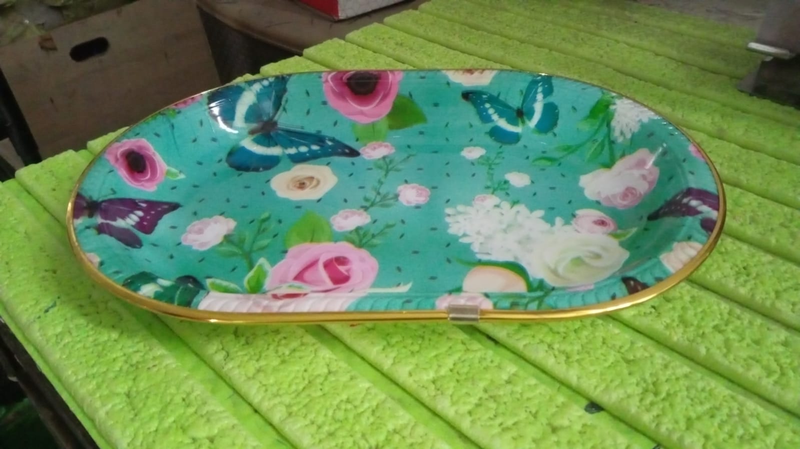 Big Plastic Flower Printed Design Serving Tray (1 Pc / 35 x 24 CM / Mix Color) Your Brand