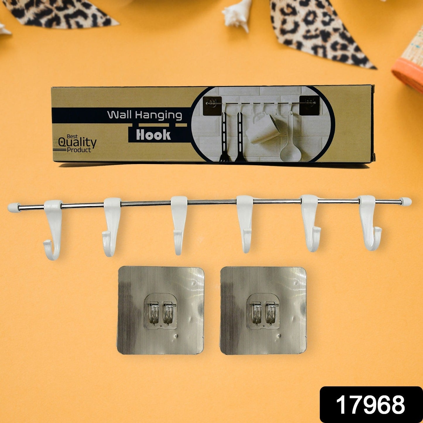 Stainless Steel Utensil Hanger Rail Nail Free Wall Mount with 2 Magic Stickers & 6 Plastic Hooks For Kitchen Your Brand