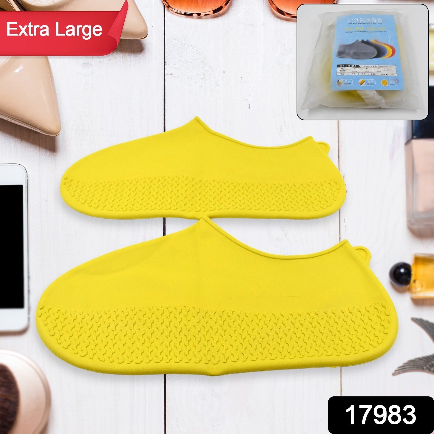 Non-Slip Silicone Rain Reusable Anti skid Waterproof Fordable Boot Shoe Cover (Extra Large Size (XL)/ 1 Pair / Yellow) Your Brand