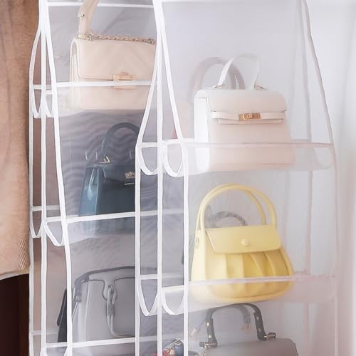Hanging Handbag Organizer with 6 Dustproof Compartments – Foldable, Washable, White
