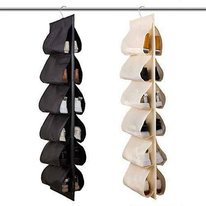 12 Pocket Hanging Shoe & Accessories Organizer – Foldable Non-Woven Fabric Closet Storage Rack for Wardrobe, Door & Hanger Rod (Multi-Color Options)