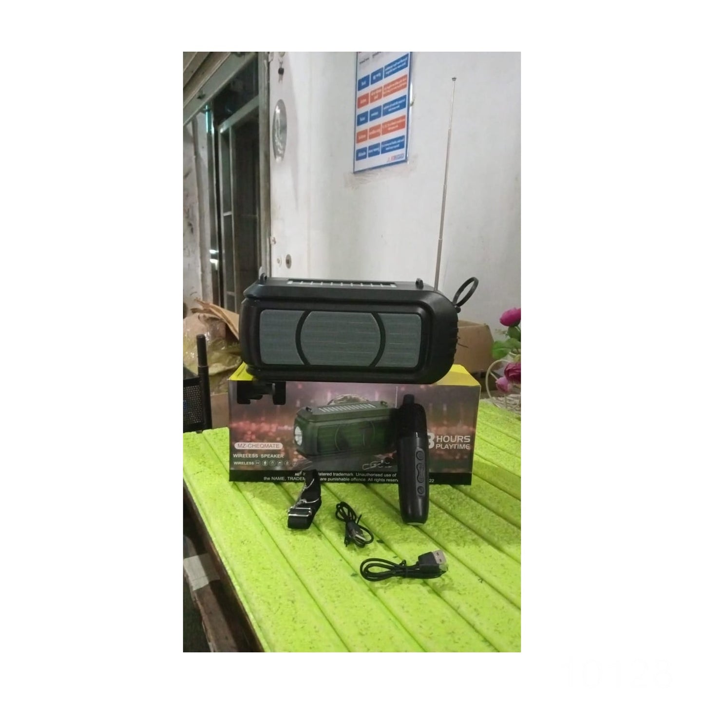 Wireless Bluetooth Speaker 5W High Bass with Wireless Mic / Microphone, LED Torch, Solar Charging, Support USB & Adjustable Strap (1 Set) Your Brand