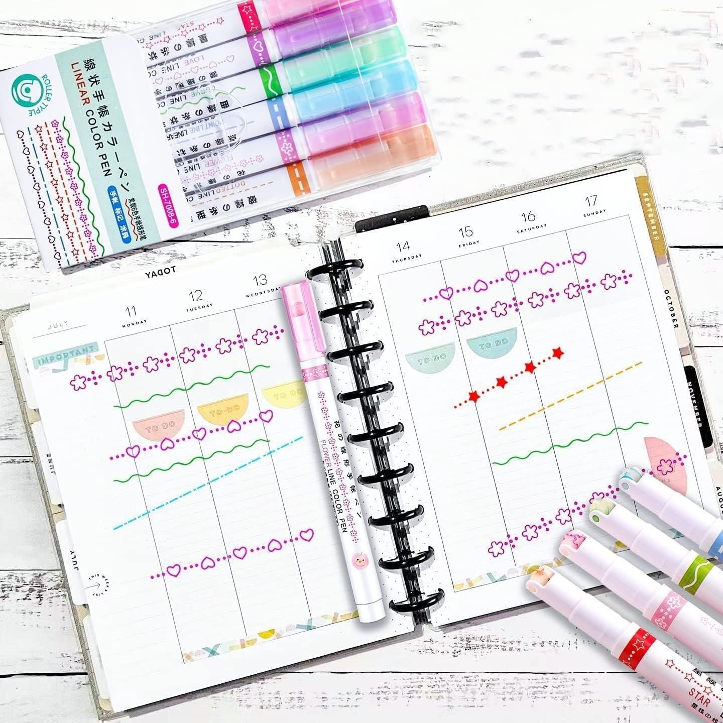Linear Roller Color Pens Highlighters with 6 Different Curve Shapes (Set of 6) shopbyte-in