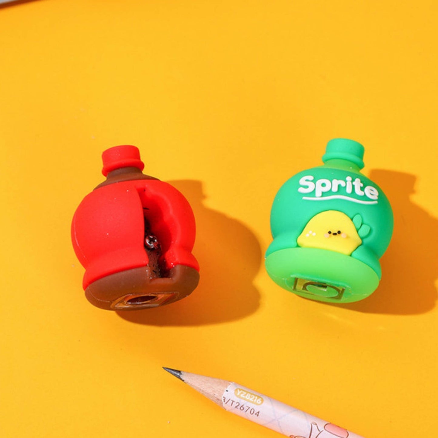 2-in-1 3D Cold Drink Bottle Shape Rubber Pencil Sharpener and Eraser Set, Stationery for Kids School Boys Girls, Birthday Return Gifts (24 Pcs Set ) Your Brand