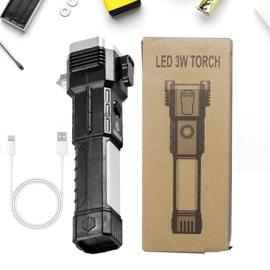 Portable 3w Rechargeable Torch LED Flashlight Long Distance Beam Range, Hammer and Strong Magnets, Window Glass and Seat Belt Cutter 4 Modes for Car Camping Hiking Indoor Outdoor Your Brand