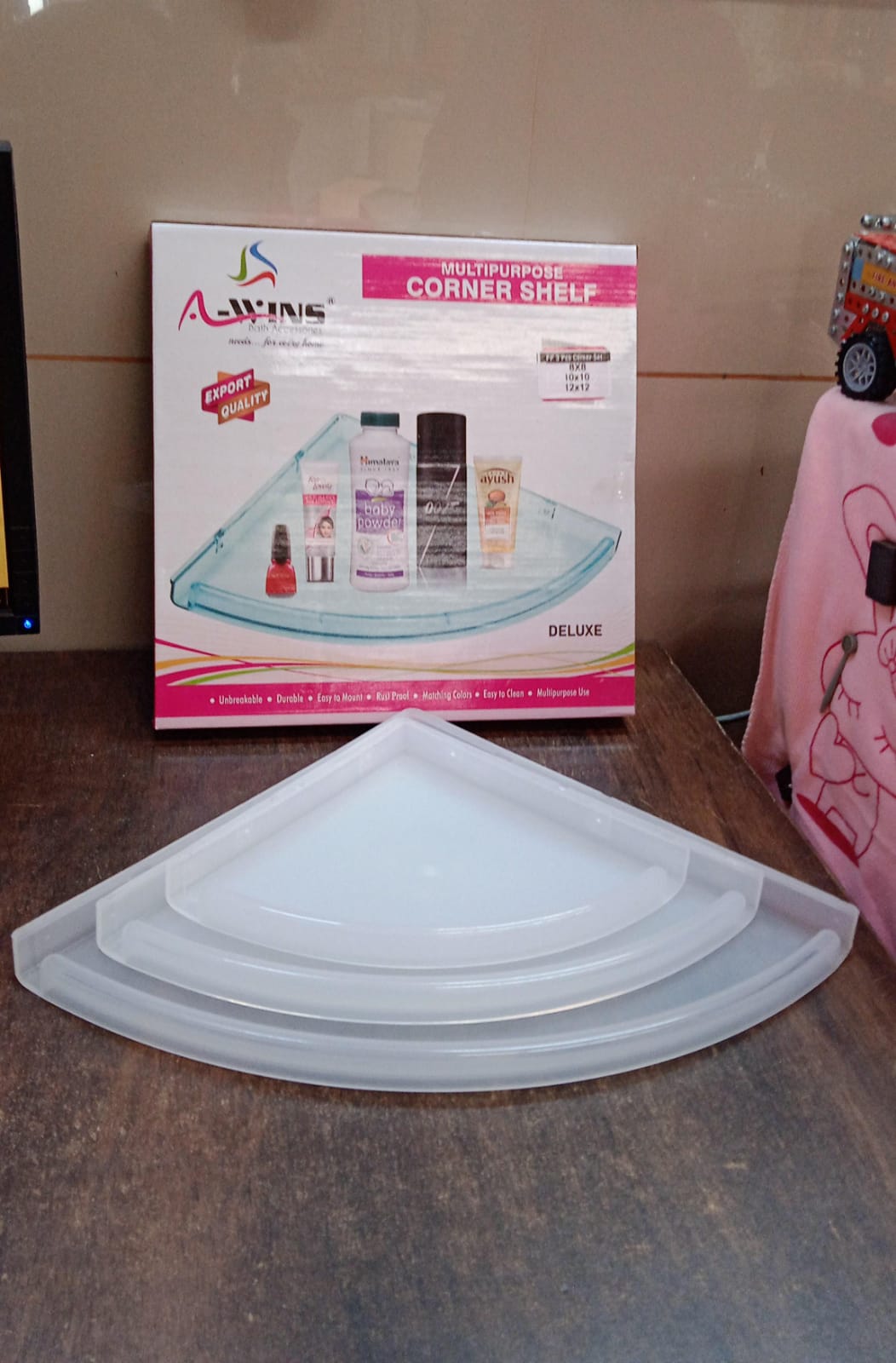 Bathroom Plastic Corner Shelf Rack Set for Wall Number of Shelves (3 Pcs Set) Your Brand