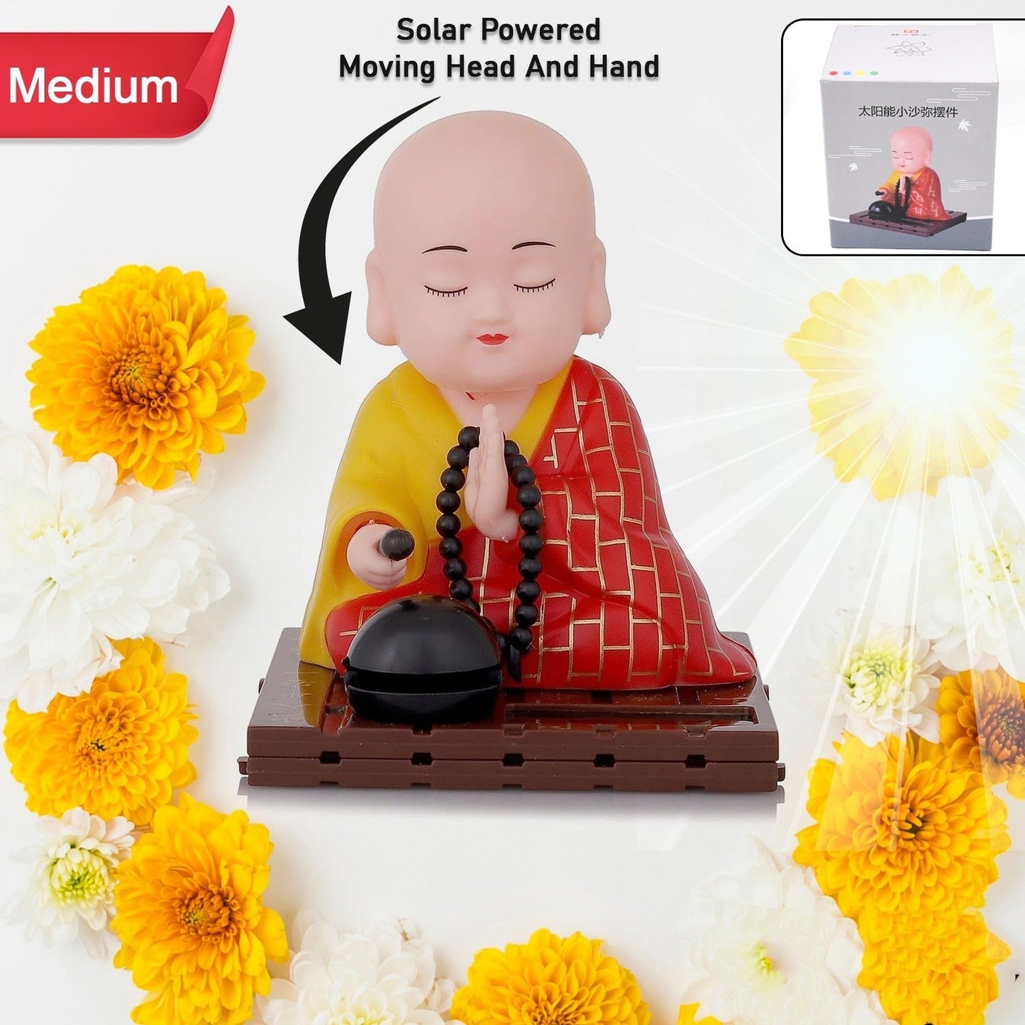 Solar Powered Sitting Buddha Statue,  Moving Head and Hand (1 Pc / Medium) Your Brand