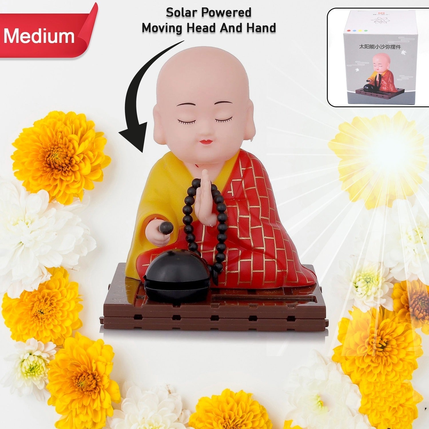 Solar Powered Sitting Buddha Statue,  Moving Head and Hand (1 Pc / Medium) Your Brand