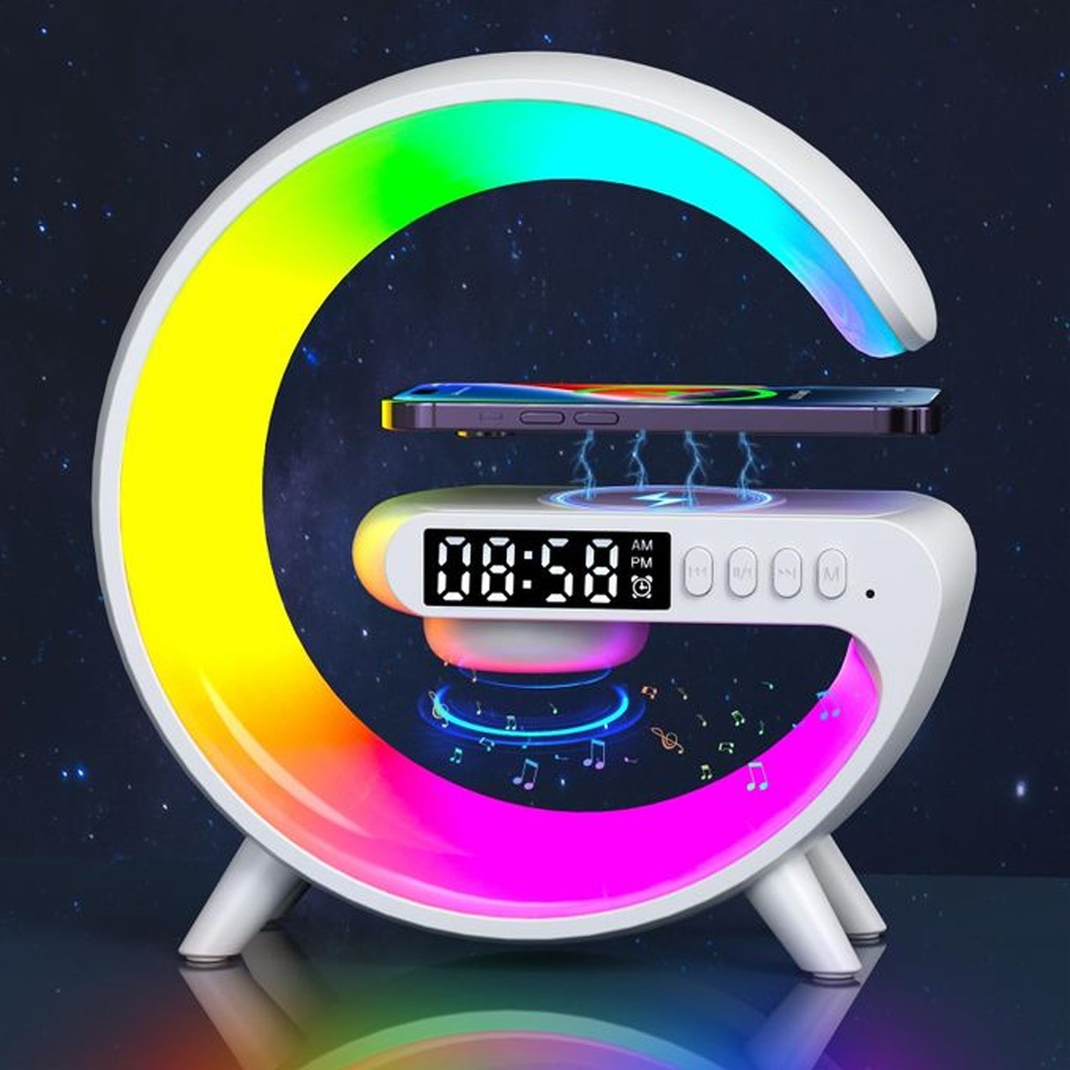 Smart Alarm Clock With G-shape Rgb Light Bluetooth Speaker Wireless Charging (1 Pc) Wukusy