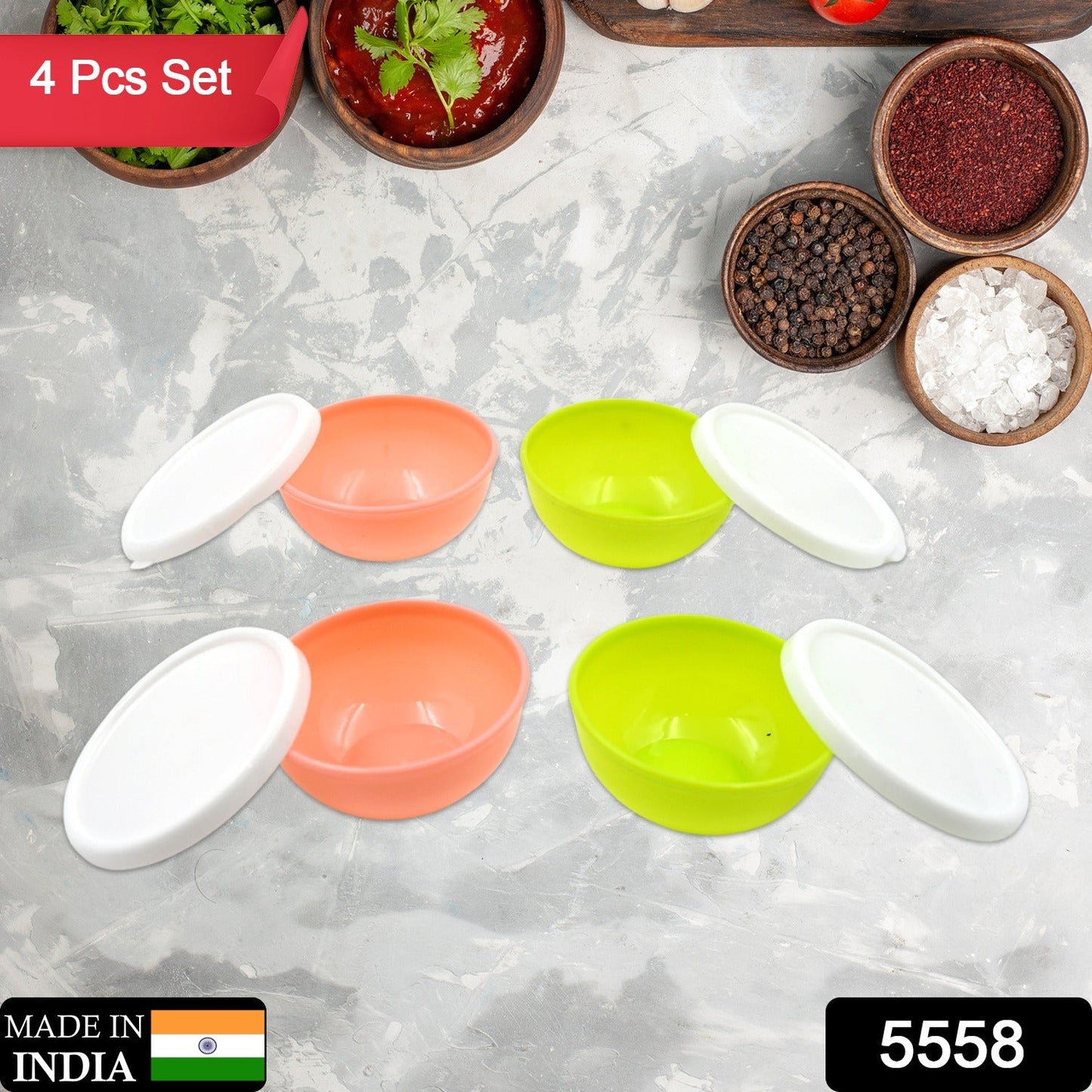 Multipurpose Small Round Plastic Bowl / Katori With Lid,  Chutney Bowl (4 Pcs Set)