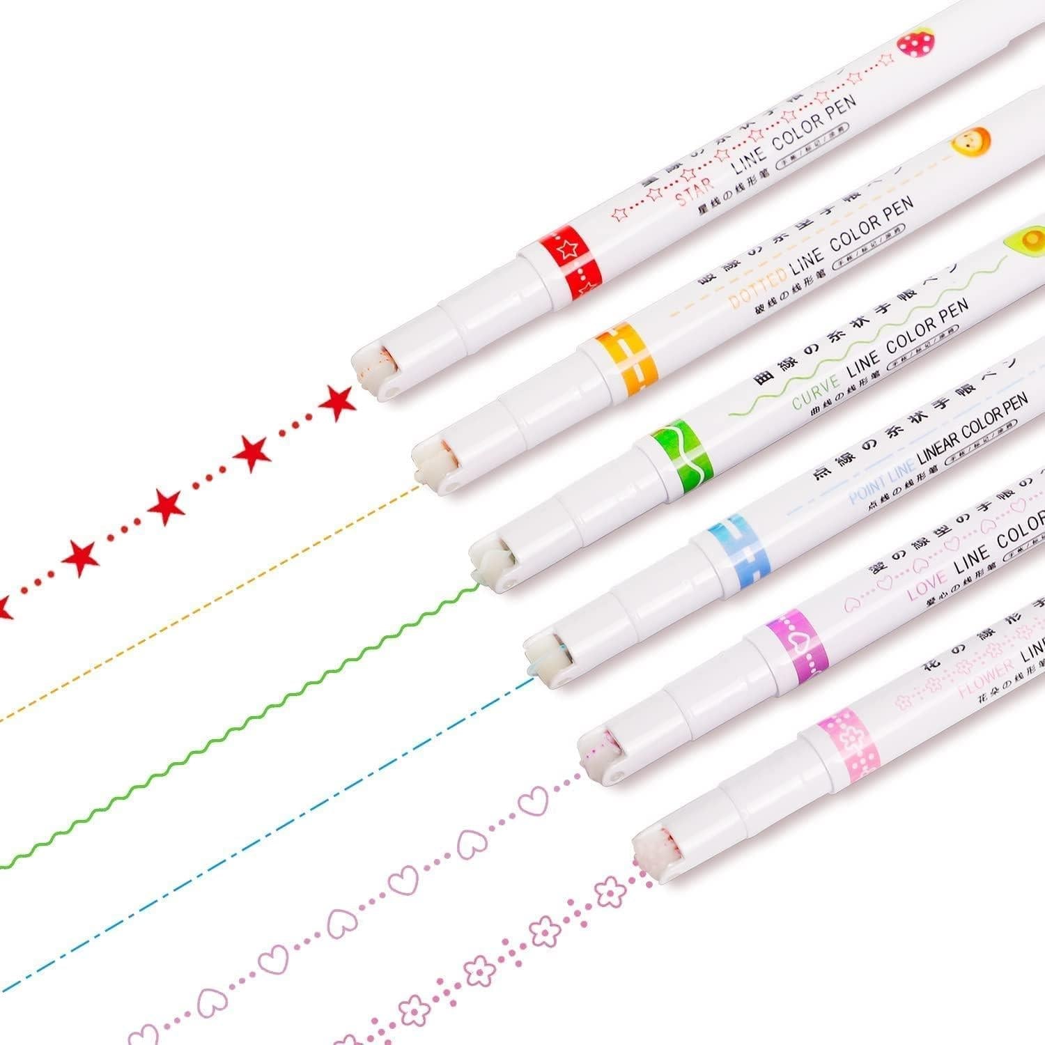 Linear Roller Color Pens Highlighters with 6 Different Curve Shapes (Set of 6) shopbyte-in
