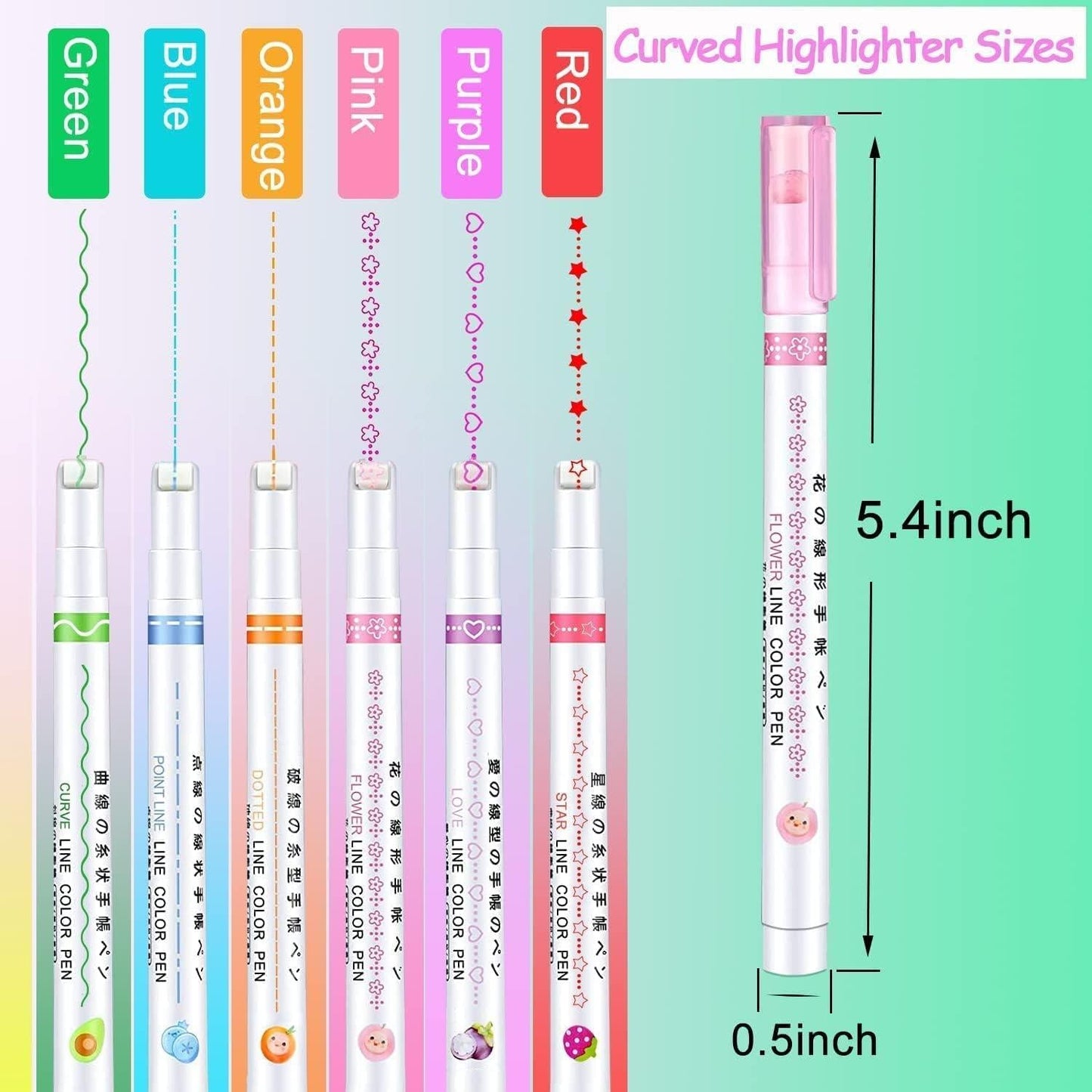 Linear Roller Color Pens Highlighters with 6 Different Curve Shapes (Set of 6) shopbyte-in