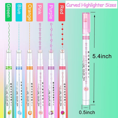 Linear Roller Color Pens Highlighters with 6 Different Curve Shapes (Set of 6) shopbyte-in