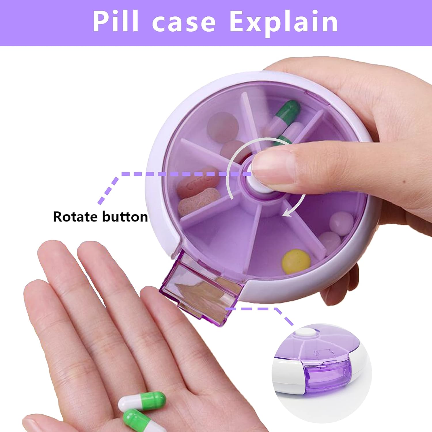 Pill Box Medicine Dispenser 7-Day Week Weekly Whee Cute Portable fruit style 7 grid seal rotation Pill Organizer Medicine Box (1 Pc) Your Brand