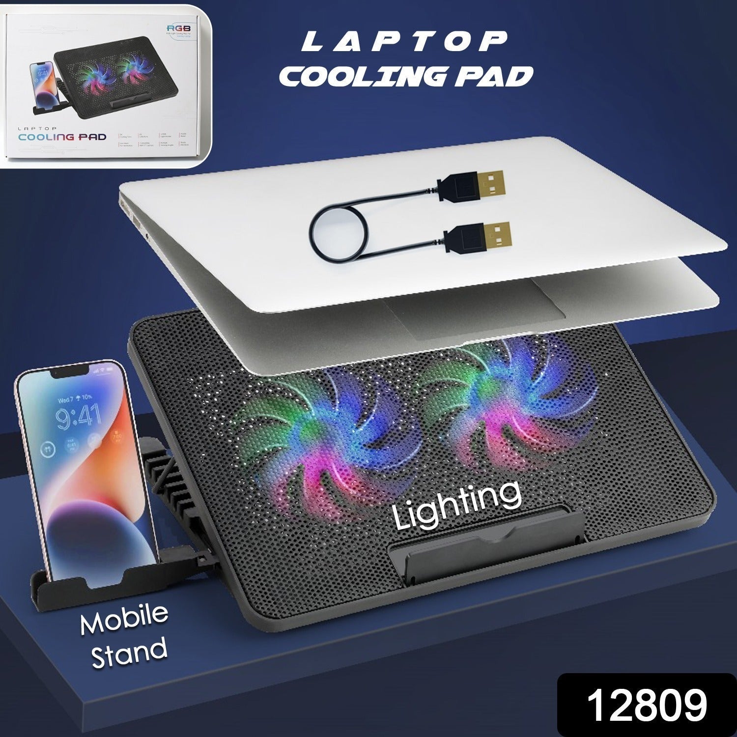 Laptop Cooler Cooling Pad with 2 Quiet Led Fans, Dual USB Ports, Portable Ultra Slim USB Powered 7 Heights Adjustable Laptop Stand for Gaming Laptop Your Brand