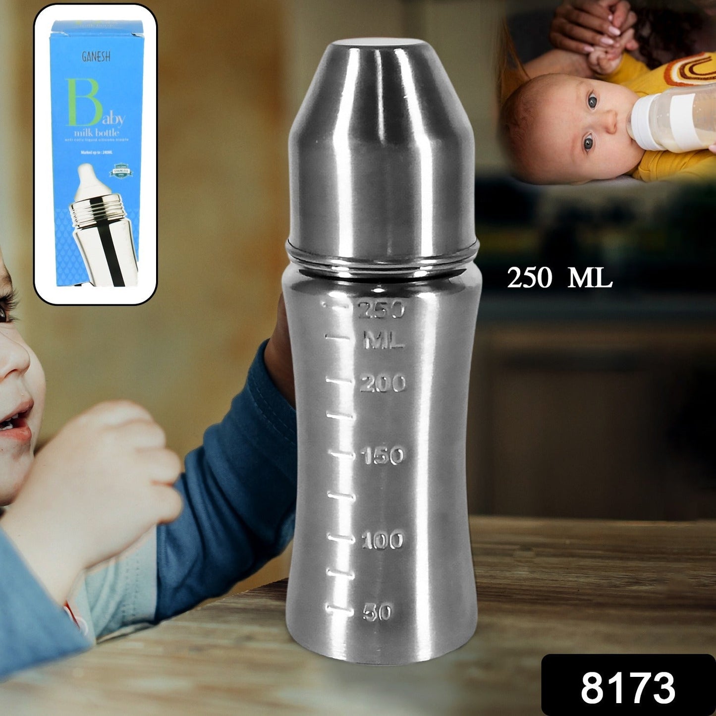 Ganesh Stainless Steel Baby Feeding Bottle, Milk Bottle for New Born / Infants / Toddler Up to 3 Years, BFA Free (250 ML Approx) Your Brand