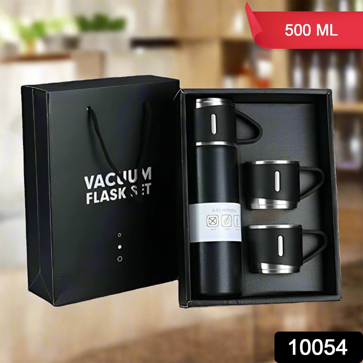 Stainless Steel Vacuum Flask Set with 3 Steel Cups Combo for Coffee Hot Drink and Cold Water Flask Ideal Gifting Travel Friendly Latest Flask Bottle. (500ml) Your Brand