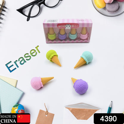 Cone Eraser for Girls & Boys / Eraser for School B'Day Return Gift Party Doughnut Lollipop Ice Cream Theme Shape Erasers Pencils Set for Kids Educational Stationary kit, School Supplies (1 Set 4 Pc) Your Brand