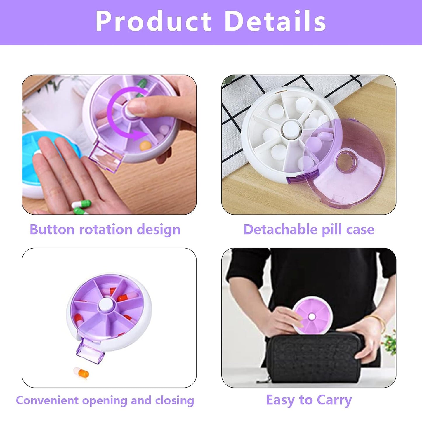 Pill Box Medicine Dispenser 7-Day Week Weekly Whee Cute Portable fruit style 7 grid seal rotation Pill Organizer Medicine Box (1 Pc) Your Brand