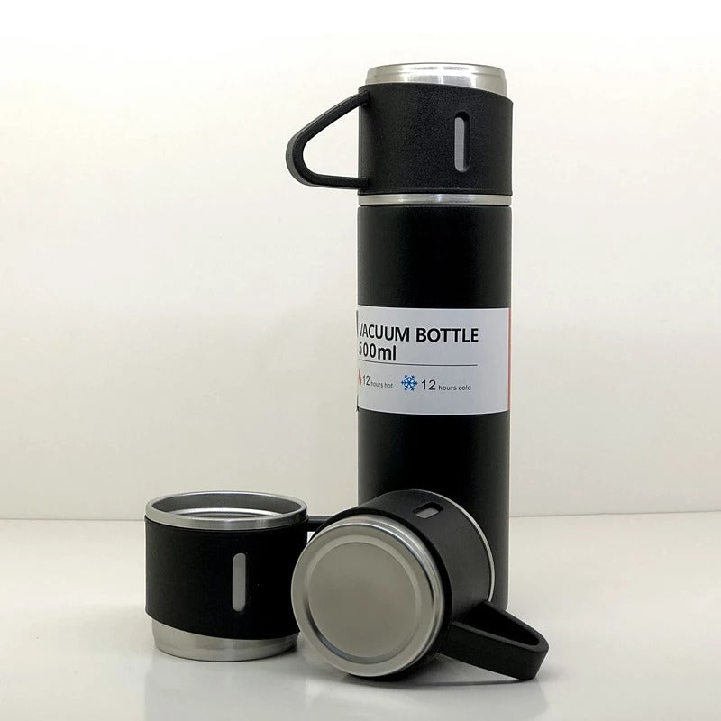 Stainless Steel Vacuum Flask Set with 3 Steel Cups Combo for Coffee Hot Drink and Cold Water Flask Ideal Gifting Travel Friendly Latest Flask Bottle. (500ml) Your Brand