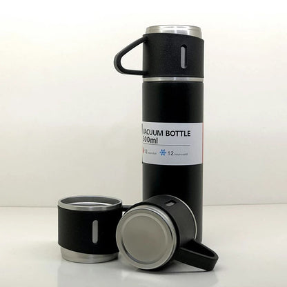Stainless Steel Vacuum Flask Set with 3 Steel Cups Combo for Coffee Hot Drink and Cold Water Flask Ideal Gifting Travel Friendly Latest Flask Bottle. (500ml) Your Brand