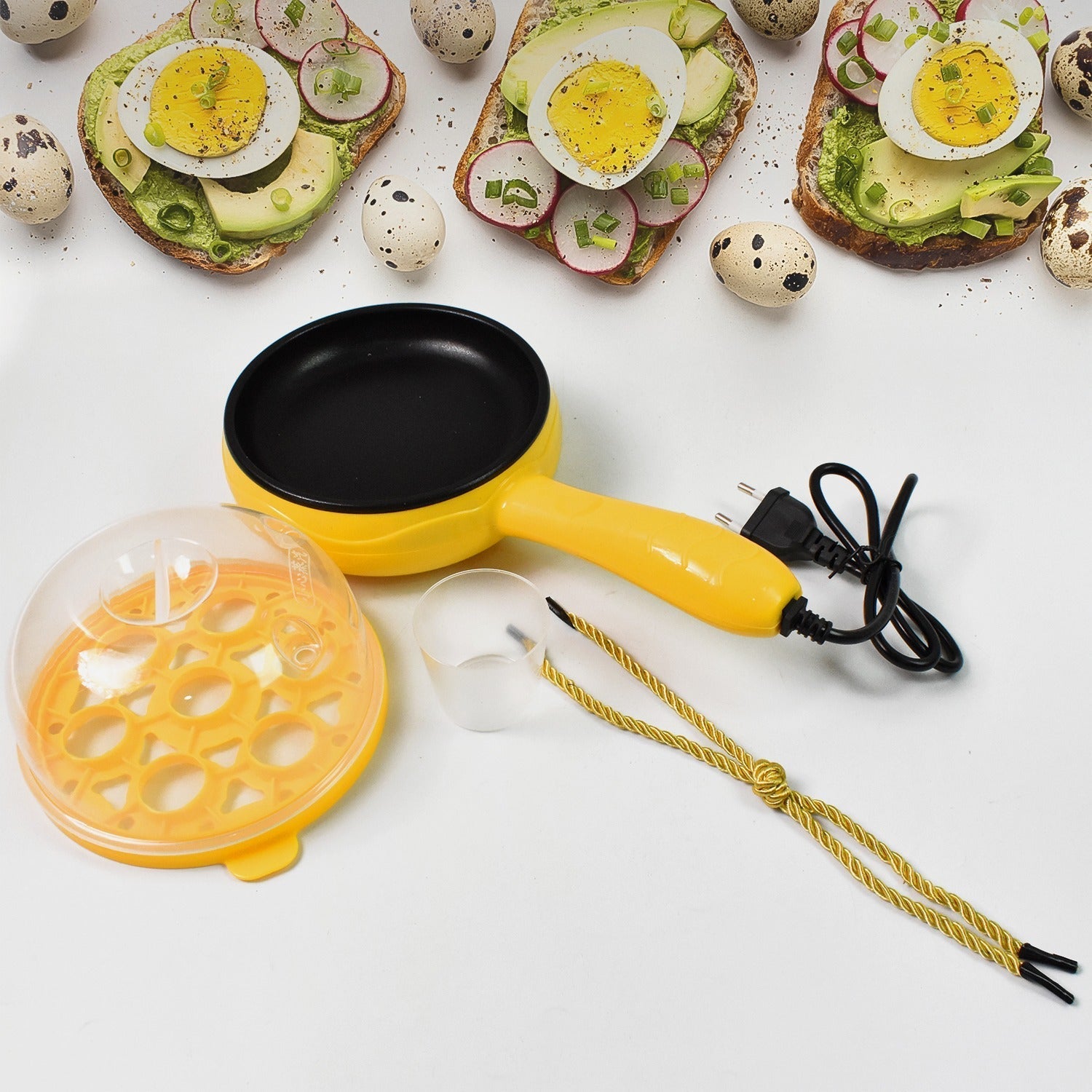 Multi functional Electric 2 in 1 Egg Frying Pan with Egg Boiler Machine Measuring Cup with Handle Your Brand