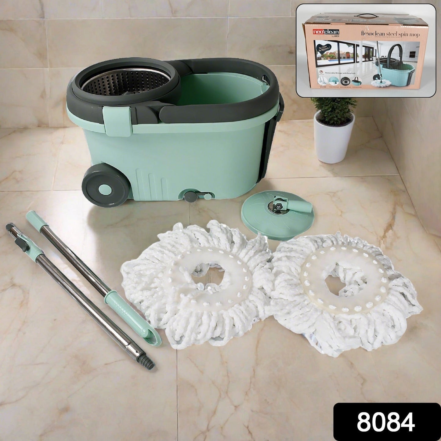 Ganesh Quick Spin Mop Steel Spin, Bucket Floor Cleaning, Easy Wheels & Big Bucket, Floor Cleaning Mop With Bucket, 2 Micro fiber head / Refill Your Brand