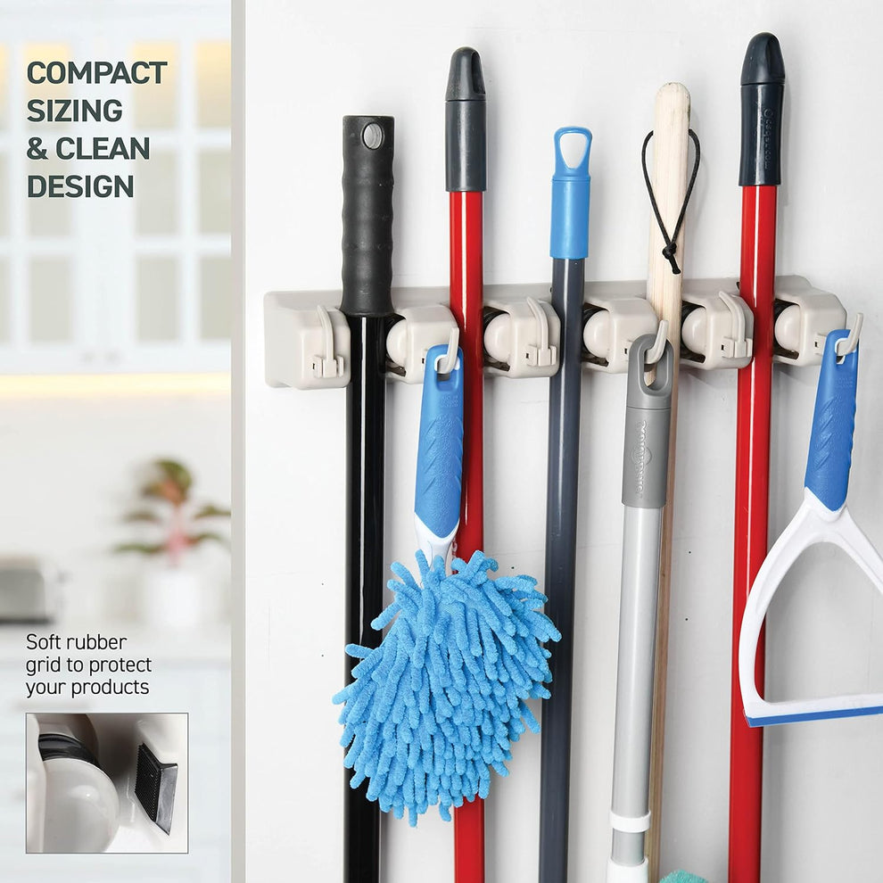 6 Slot & 6 Hook Wall Mounted Holder For Mop, Broom, Kitchen, Garden shopbyte