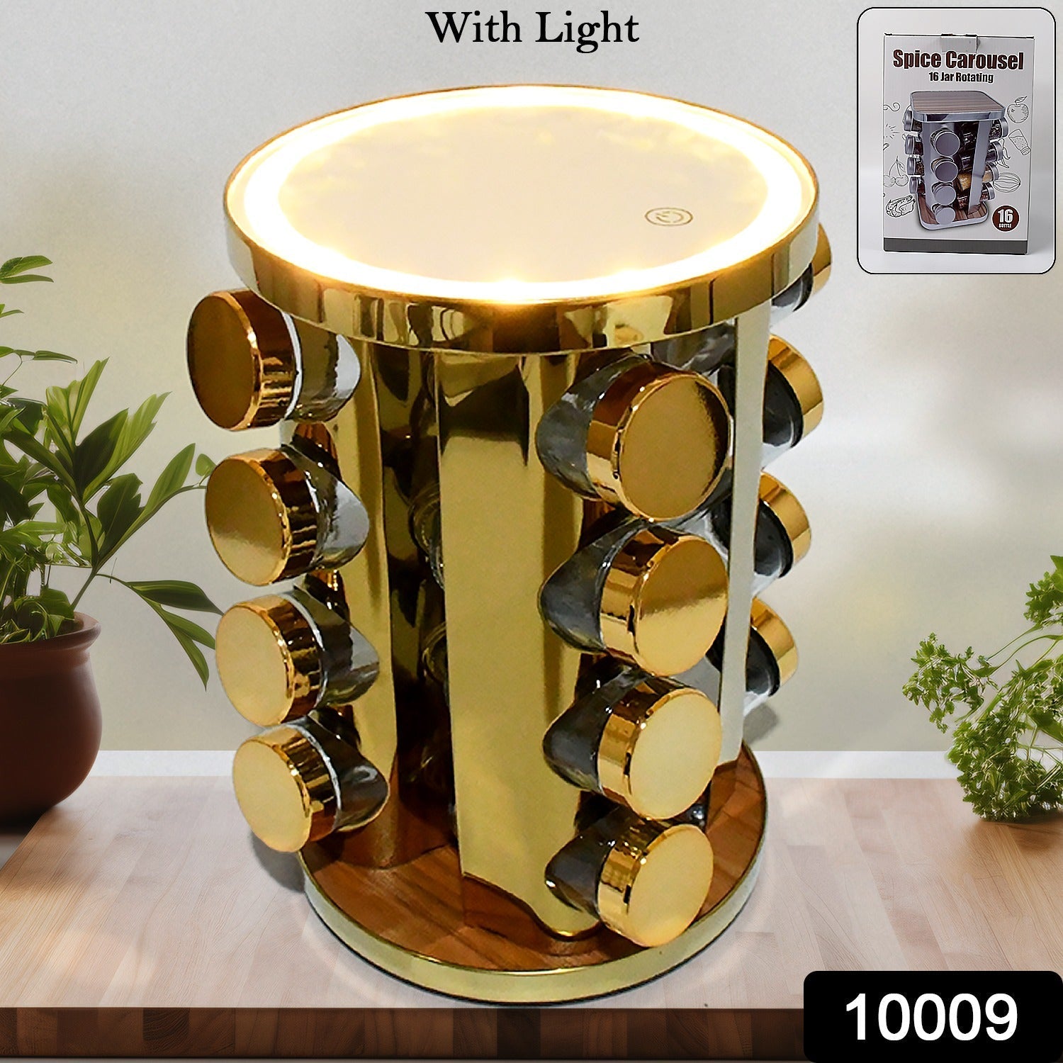 LED Spice Rack Organizer, Rotating Spice Rack with Free 16 Seasoning Jars, Revolving Tower Organizer Stainless Steel for Kitchen Storage (Golden / 16 Pc / MOQ - 6 pc) Your Brand