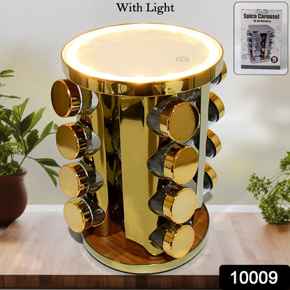 LED Spice Rack Organizer, Rotating Spice Rack with Free 16 Seasoning Jars, Revolving Tower Organizer Stainless Steel for Kitchen Storage (Golden / 16 Pc / MOQ - 6 pc) Your Brand